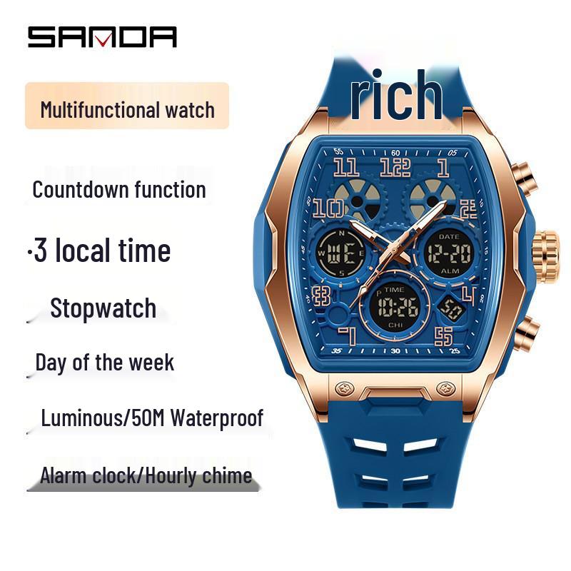 Sanda Dual-Movement Barrel Watch: Luminous Alarm, Large Dial, Multifunctional Student Watch.
