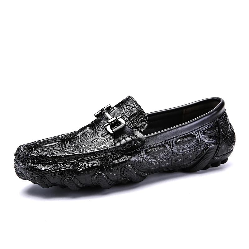 Fashion Men Casual Shoes Genuine Leather Crocodile Style Luxury Brand Mens Loafers Moccasins Slip On Black Driving Shoes Plus Size 38-47