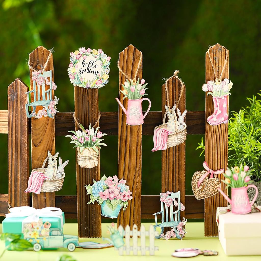 36 Pcs Pastel Spring Ornaments for Tree Wooden Flower Decorations Tulip Truck Watercolor Floral Hanging Decor Wood Spring Decor for Home Small Tree
