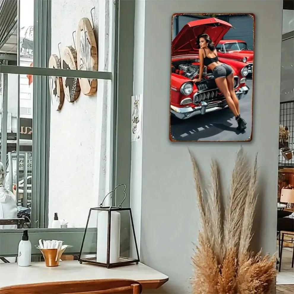 Vintage Metal Wall Art Nude Lady & Red Car - 8x12 Inch Garage Decor for Car Lovers, Durable Iron Sign for Man Cave/Studio/Study
