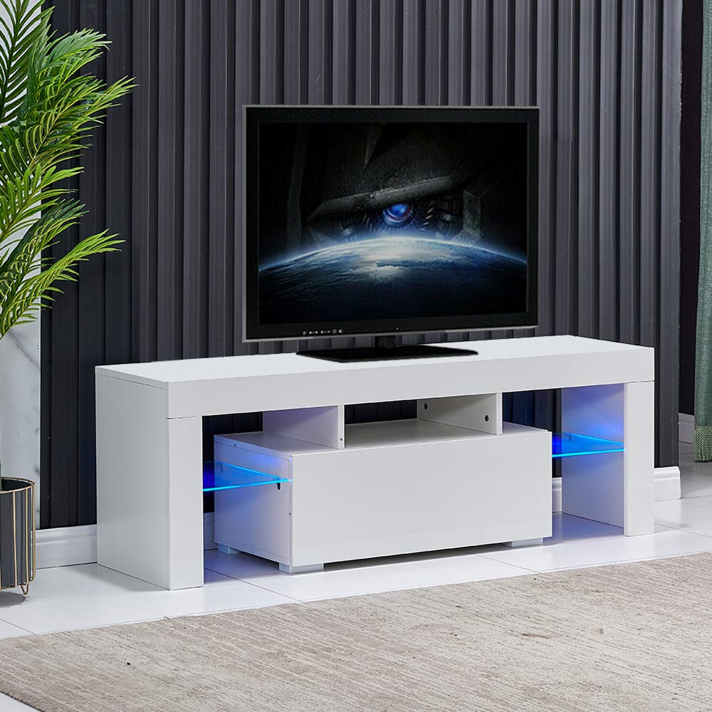 Low Board with TV Low TV Board with LED TV Width Mirror TV TV Living White BO-RION Storage, Stand, Type, Lighting, White, Rack, 130cm, Surface, Stand,