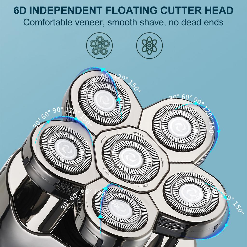 6 In 1 Rechargeable Electric Shaver 6 Floating Heads Bald Grooming Kit Shaver for Men Waterproof Wet Dry Beard Trimmer