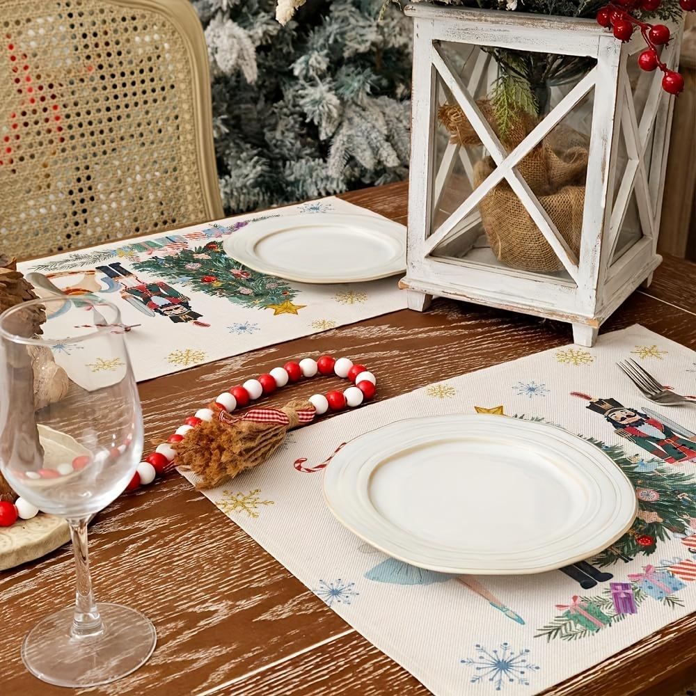 Christmas Placemats Set of 4 - Hand Wash Only Polyester Table Mats, Nutcracker and Xmas Tree Design, Woven Rectangle Holiday Dec