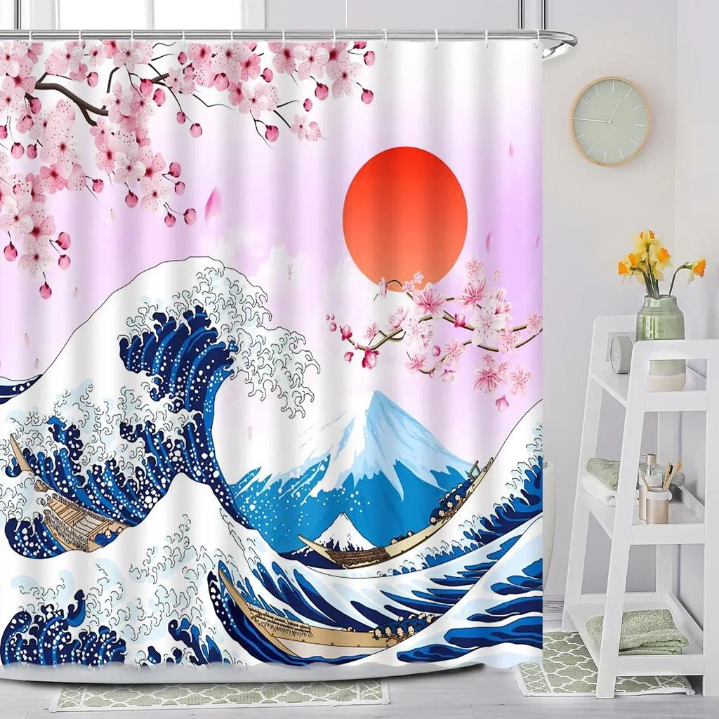 Japanese Shower Curtain, Sea Waves Cherry Blossom Red Sun Anime Kimono Woman Mount Fuji Landscape Ink Crane Bird Bathroom Decor