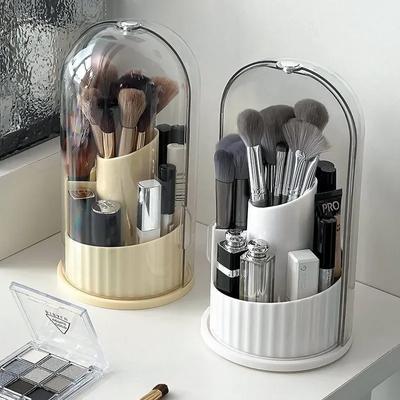 Suport pentru pensule de machiaj, organizator rotativ la 360°, organizator cosmetic cu capac, organizator de machiaj pentru birou, suport pentru ruj și creion de sprâncene
