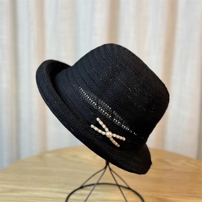 

Rolled Top Pearl Hat Feminine Fisherman Hat Travel Sun Protection Hat Thin Breathable чорний
