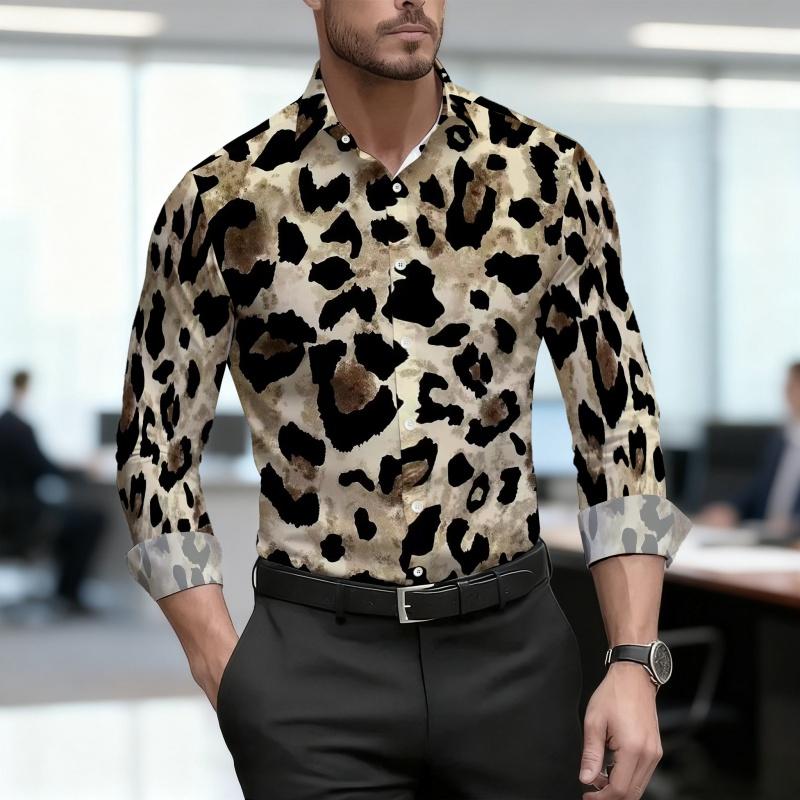 2026 Nuova Camicia da Uomo Personalità Retrò Stampa Leopardata Manica Lunga Business Slim Fit Tendenza Moda Top Casual da Uomo