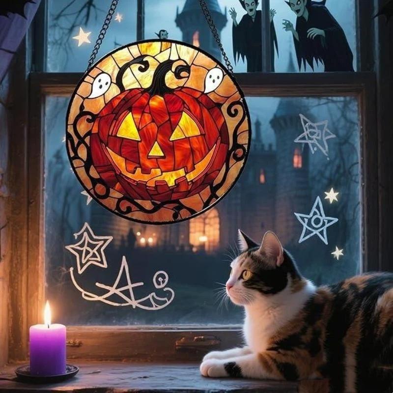 Halloween Stained Glass Pumpkin Suncatcher Adorable Ghost Design Hanging Window Decor for Indoor Outdoor Holiday Party
