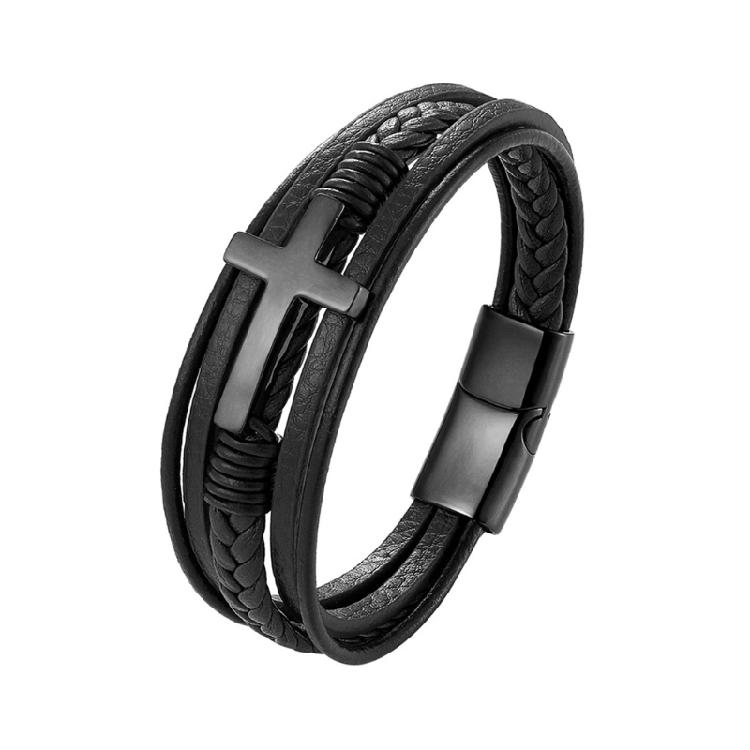 European American Stainless Steel Bracelet Men Crucifix Bracelet Leather Bangle