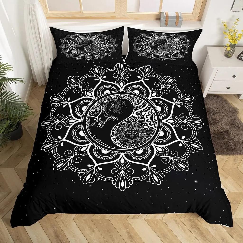 Black And White Duvet Cover Set Bohemian Mandala Bedding Set For Boys Yin And Yang Polyester Comforter Cover King Size