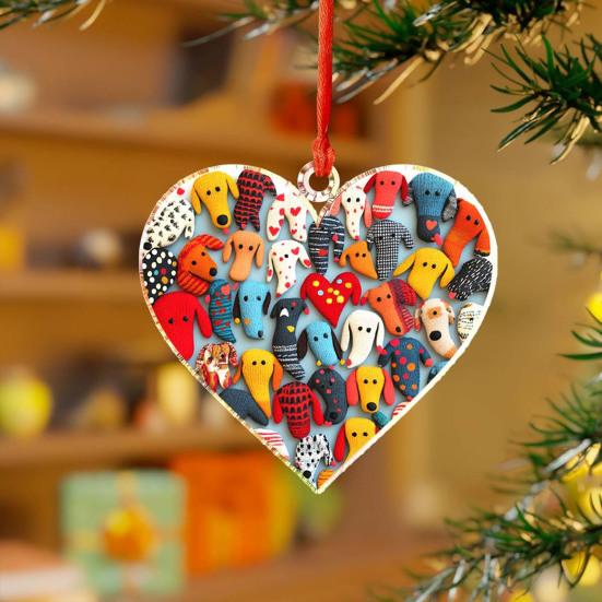Love Heart Dachshund Christmas Ornament Xmas Tree Car Rearview Mirror Acrylic Hanging Heart Shape Dog Decoration Holiday Party Pendant