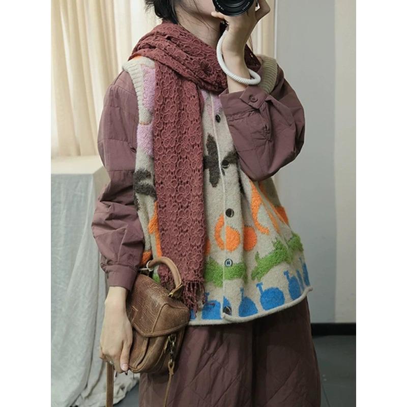 Dimanaf 2025 Autumn Sleeveless Women Buttons Vest Sweaters Style Printing  Knitting Casual Loose Sweater