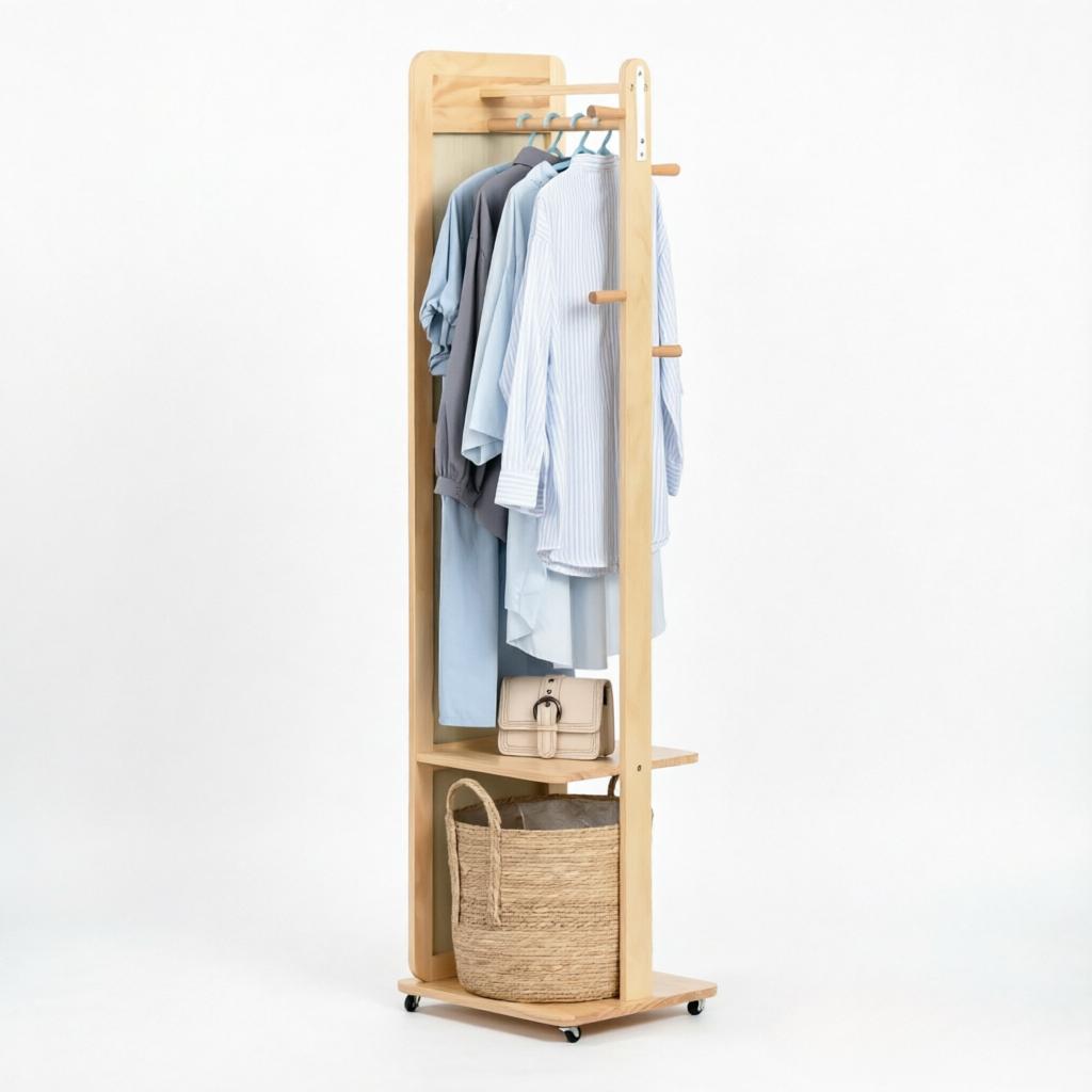 Eleganter Schminkspiegel, Freistehender Spiegel mit Kleiderstange, Kompakte Spiegel-Garderobe-Kombination, Mobiler Spiegelständer
