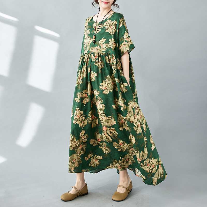 Simple Bohemian Print Dress Short Sleeve Round Neck Summer New Style Elegant Feel Long Dresses Women's Clothing