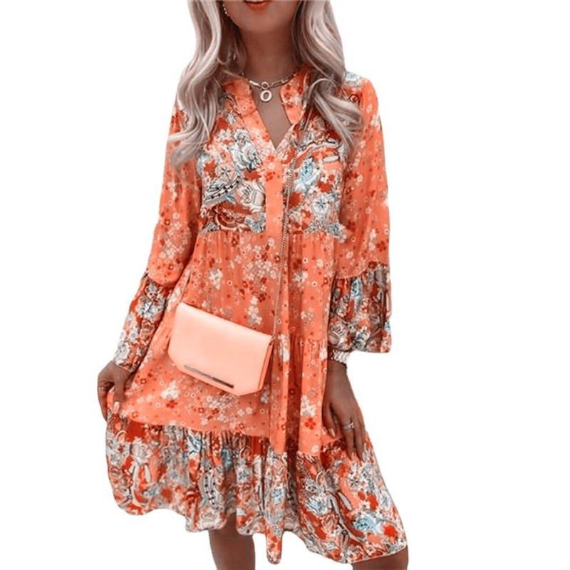 Flower Print Long Sleeve V Neck Casual Dress for Spring and Fall