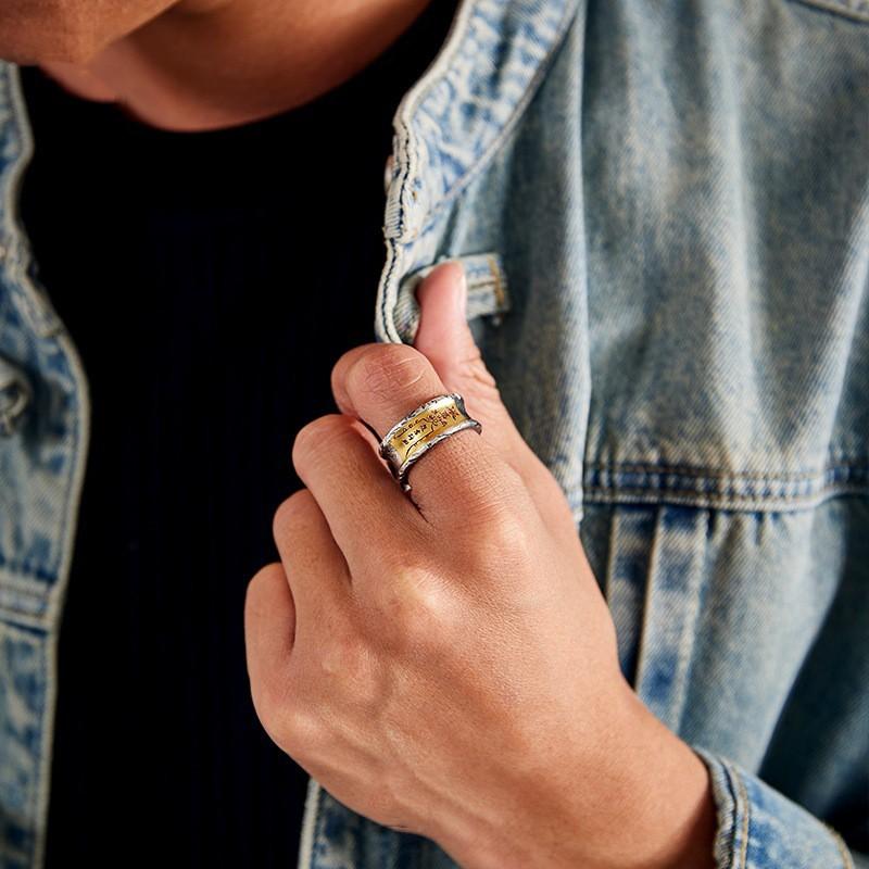 Adjustable Copper Ring With Chinese Character Motif Chiling Quji - Retro Unisex Geometric Statement Spiritual Minimalist