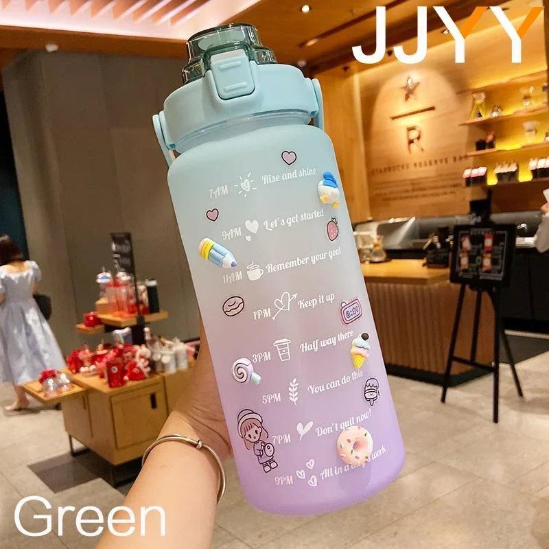 

Outdoor Portable 2000ML Water Bottle Time Marker Straw Cap Leak Proof Large Capacity Frosting Cup for Home Kitchen 2.0L зелёный
