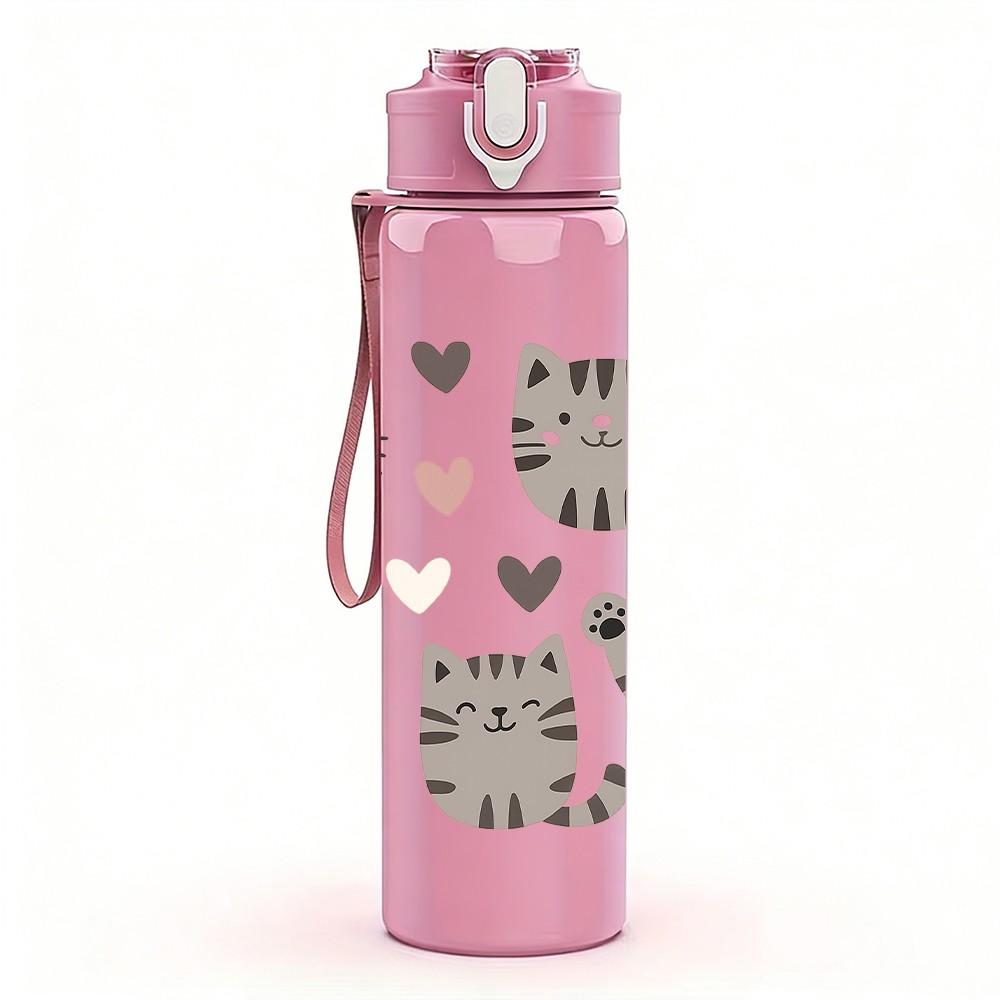 1PC Grey Cat Heart Patchwork Pattern 750ml Color Plastic Sports Water Bottle Leakproof Flip Straw Lid Suitable for Sports Office Home Use