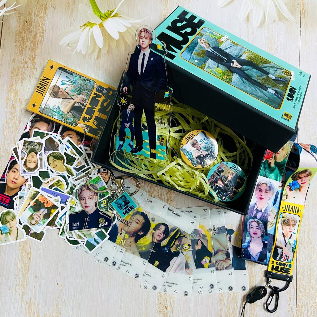 BTS Jimin Muse Album Merch Geschenkbox, Jimin Acryl Aufsteller, Lomo Karten, Schlüsselanhänger, Aufkleber, Lanyard, Anstecker, BTS Jimin Solo Album Fan-Sammlung Set