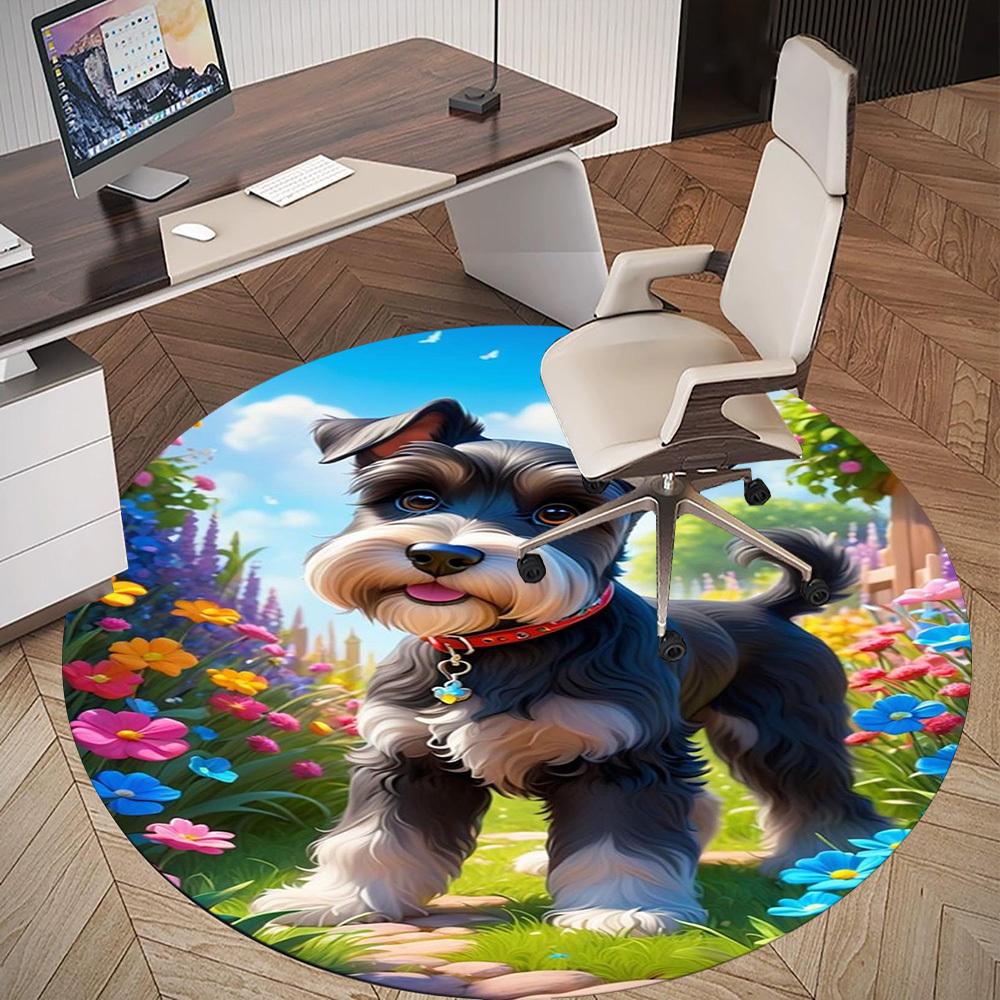 1PC Garden Dog Schnauzer Round Chair Mat Area Rug - Non-Slip, Floor Mat for Office, Bedroom, Home Decor Christmas Gift C0528050