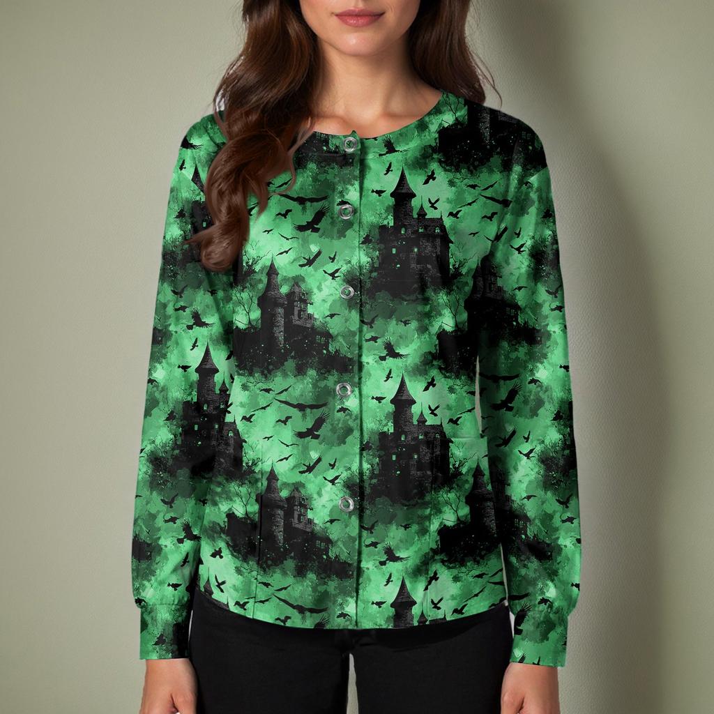 Women's Halloween Print Long Sleeve Cardigan Top with Single Button Front for Caregiver Uniform