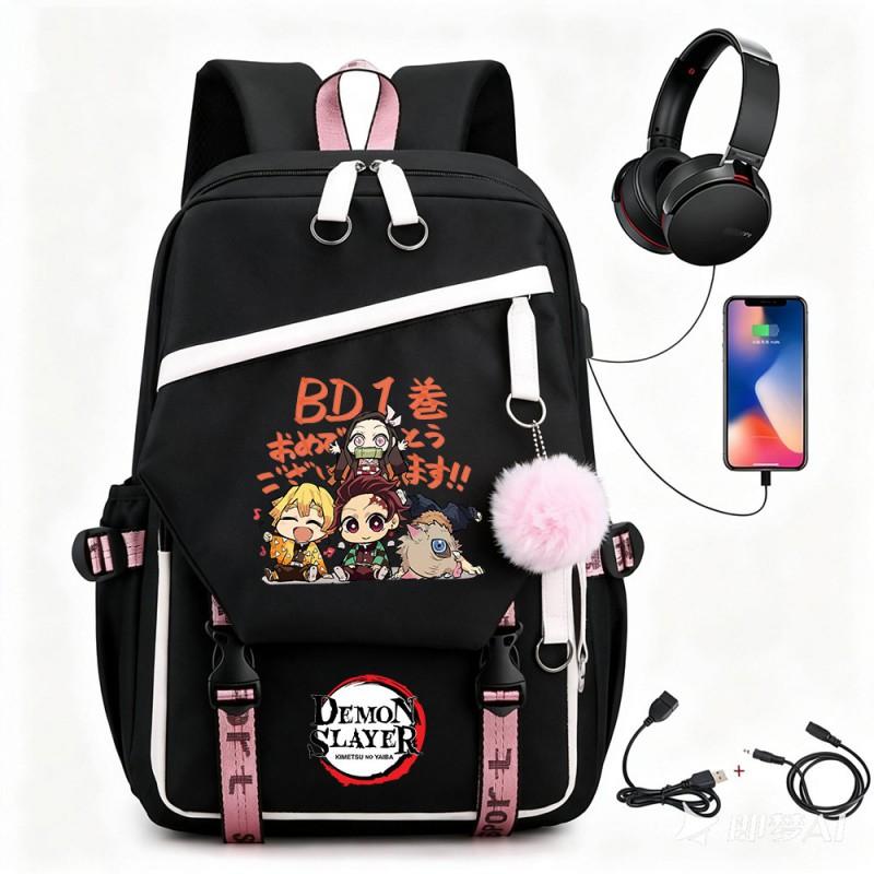 Anime Printed Canvas Backpack With USB Charging Port Teens Students School Travel Unisex
