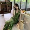 French retro green v-neck halter floral neck dress women's summer seaside vacation super beautiful exquisite skirt
