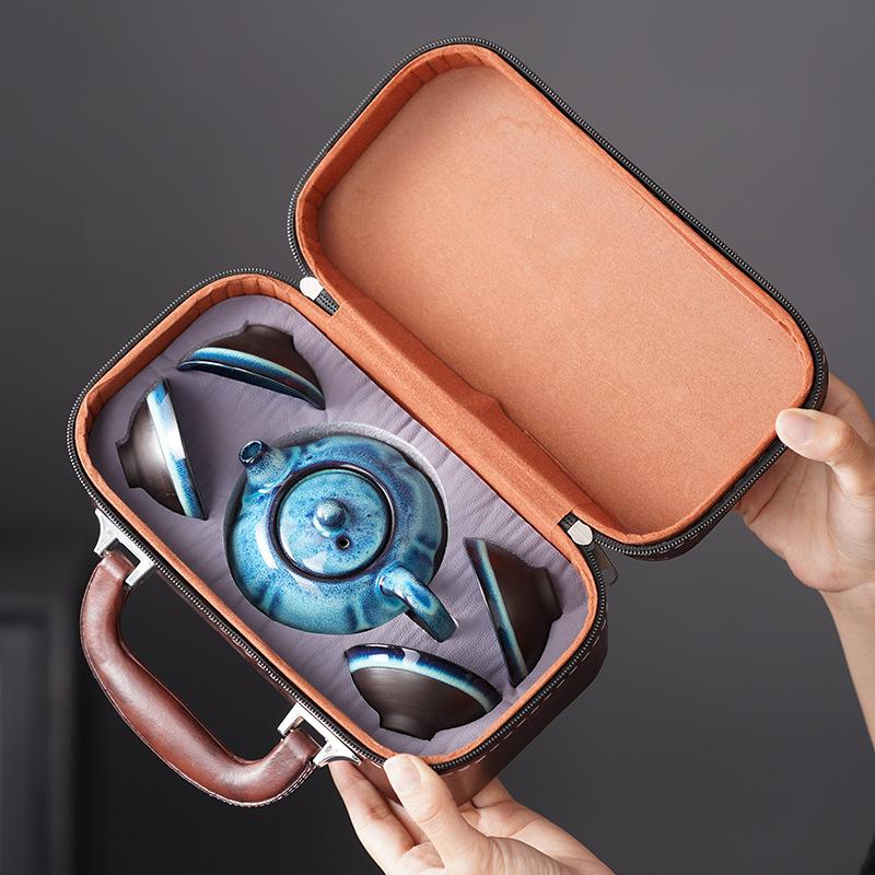 Kiln Change Jianzhan Travel Tea Set Ceramic One Pot Two Cups Bubble Teapot Teacup Outdoor Camping Equipment Business Gift