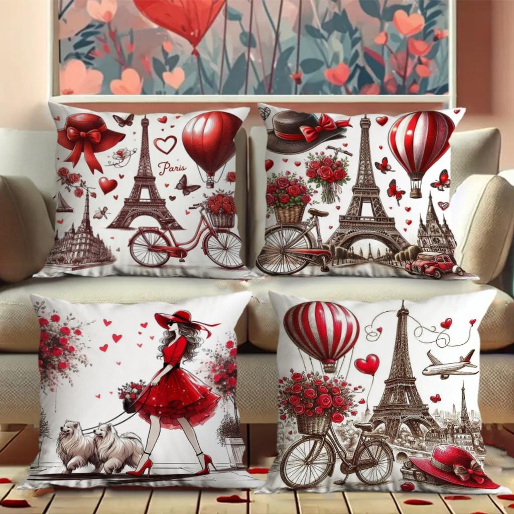 Chic Red Paris Theme Pillowcase - Eiffel Tower & Romantic Elements Print Pillow Cover for Sofa Bedroom Living Room