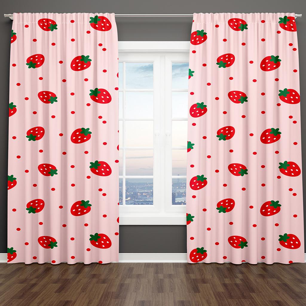 1Set/2Pcs Strawberry Curtain for Bedroom Living Room Girls Pink Cute Fruit Print Curtain Kawaii Room Decor Strawberries Window D