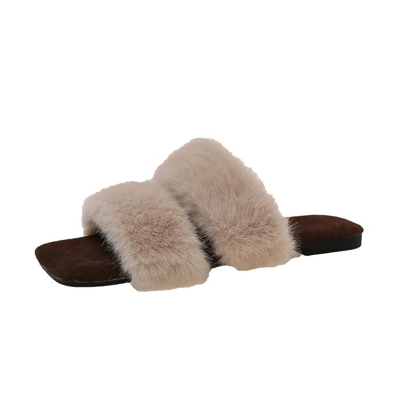 French Flat-bottomed Fluffy Slippers Women's Outer Wear 2025 New Autumn and Winter Skirt Home Fluffy One-word Cotton Slippers