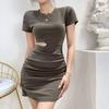 Sexy waist slim short-sleeved dress women's summer dress new solid color high waist hollow hip-wrapped short skirt women's clothing