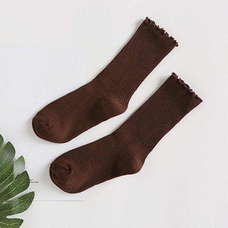 Ruffle Ankle Socks for Women Cotton Soft Solid Color Ribbed Knitted Lettuces Edge Low Cut Middle Tube Frilly Crew Socks