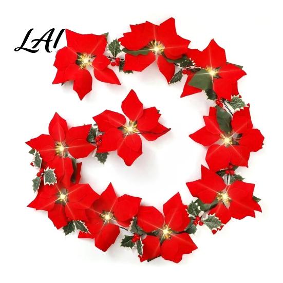 Farmhouse Style Festive Door Decor Christmas Poinsettia Garland with Light 78/118 Inch Lighted Artificial Flower Velvet Wreath String Light