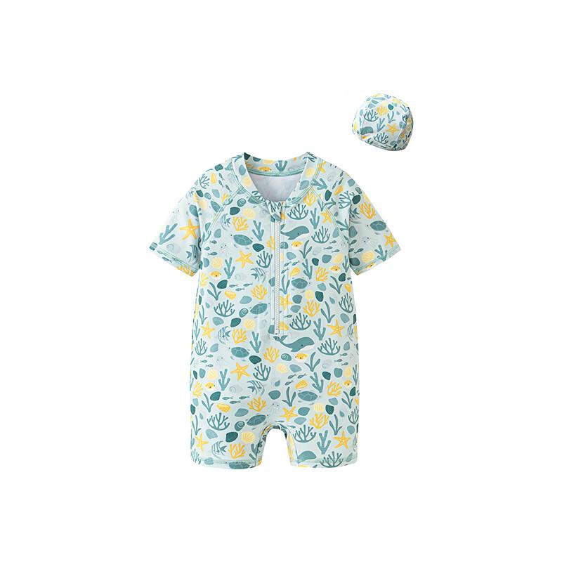 Mini Balabala UPF50+ Kids Short-Sleeve One-Piece Swimsuit with Cap