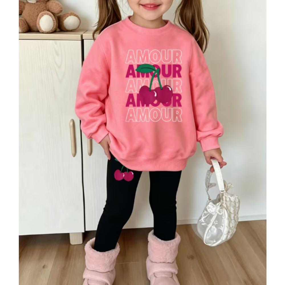 Girls' Sweet Cherry Casual Comfortable Soft Loose Pullover Sweatshirt and Leggings 2-Piece Set, New Autumn/Winter, Playful, Sweet and Cool Style