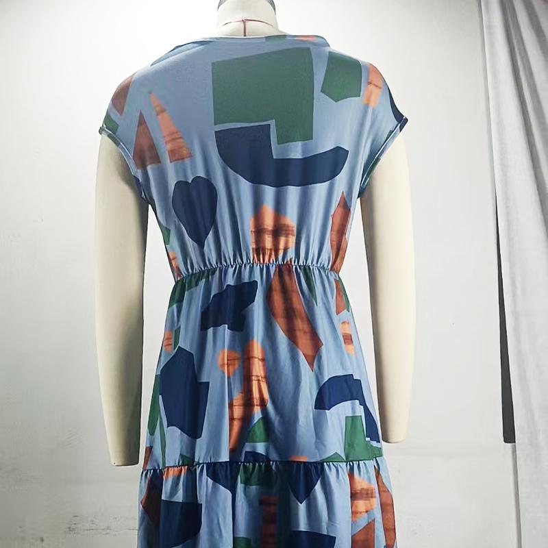 Women Summer Short Sleeve Round Collar Color Block Printed One Piece Dress