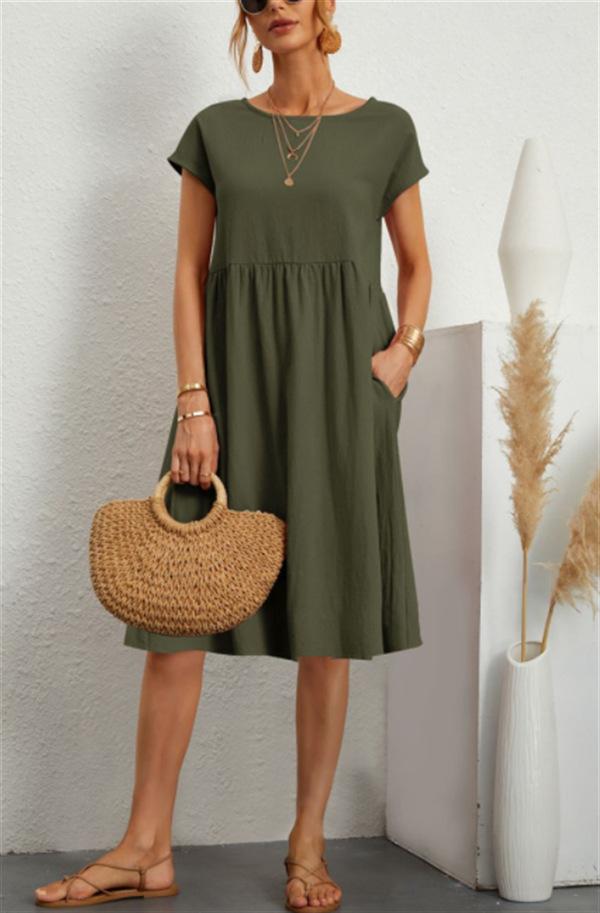 Fashion Summer OL Temperament Women's Clothing Cotton and Linen Round Neck A-shaped Skirt Large Size Loose Dress