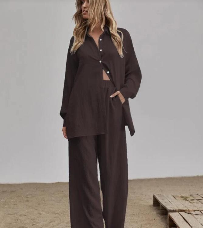 

Женский однотонный повседневный костюм осень 2022 г.: Рубашка с длинным рукавом и брюки с эластичным поясом XL