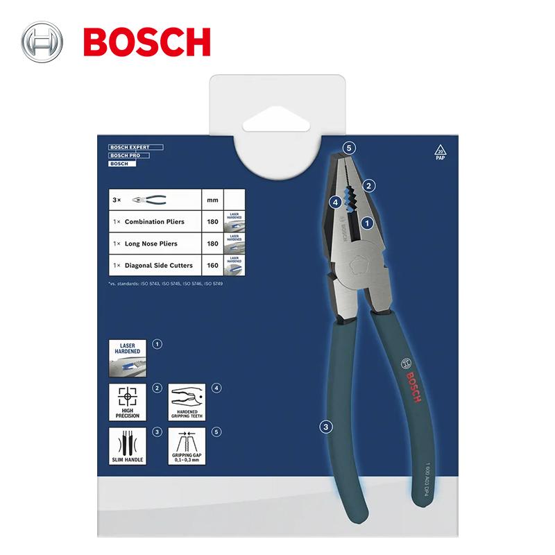 Bosch 3Pcs Pliers Set Chrome Vanadium Steel Hardened Teeth, Phosphated Black Finish, Ergonomic Dip-Molded Handles Long Nose & Diagonal Cutting Pliers