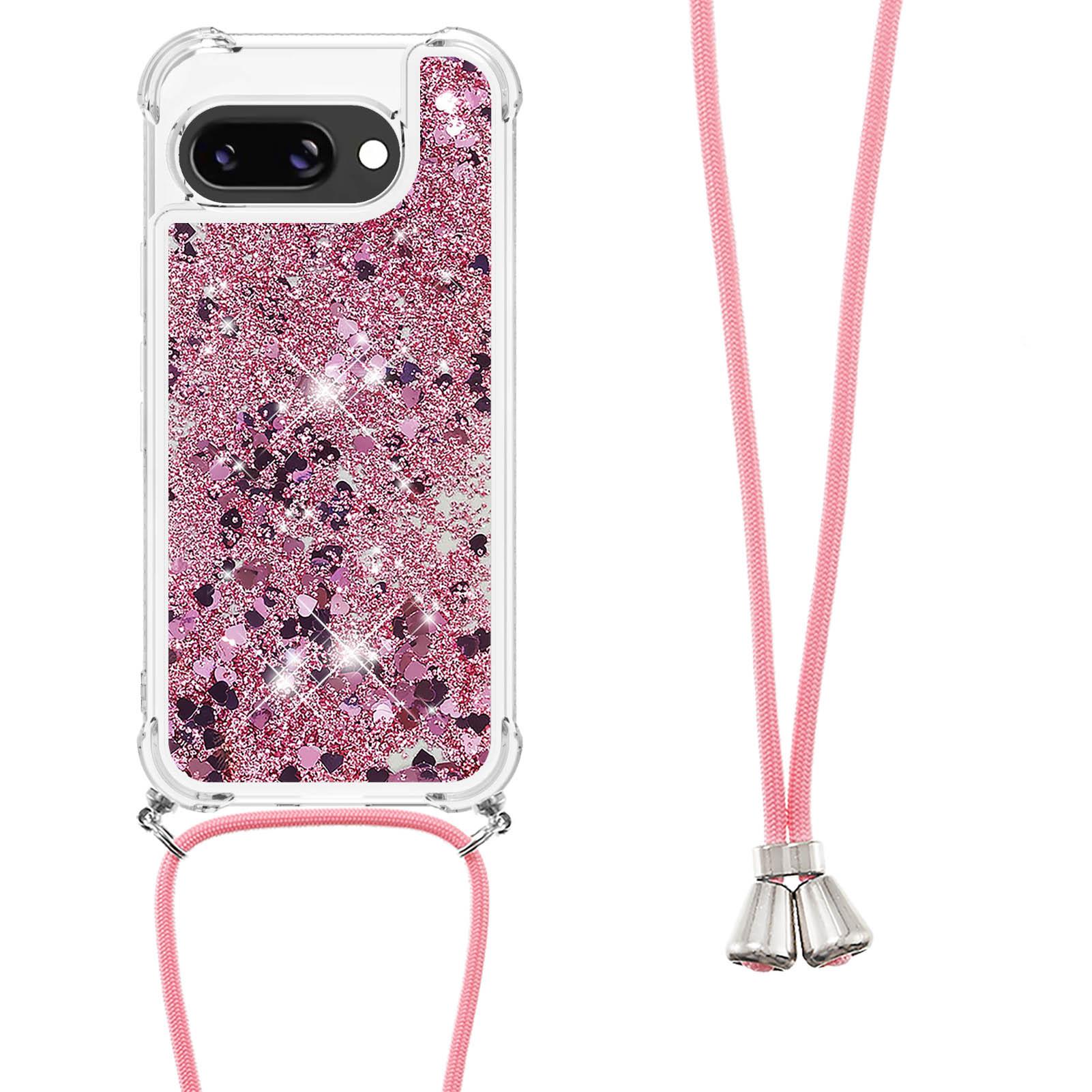

For Google Pixel 9a TPU Case Quicksand Design Phone Cover with Lanyard Blue/Hearts