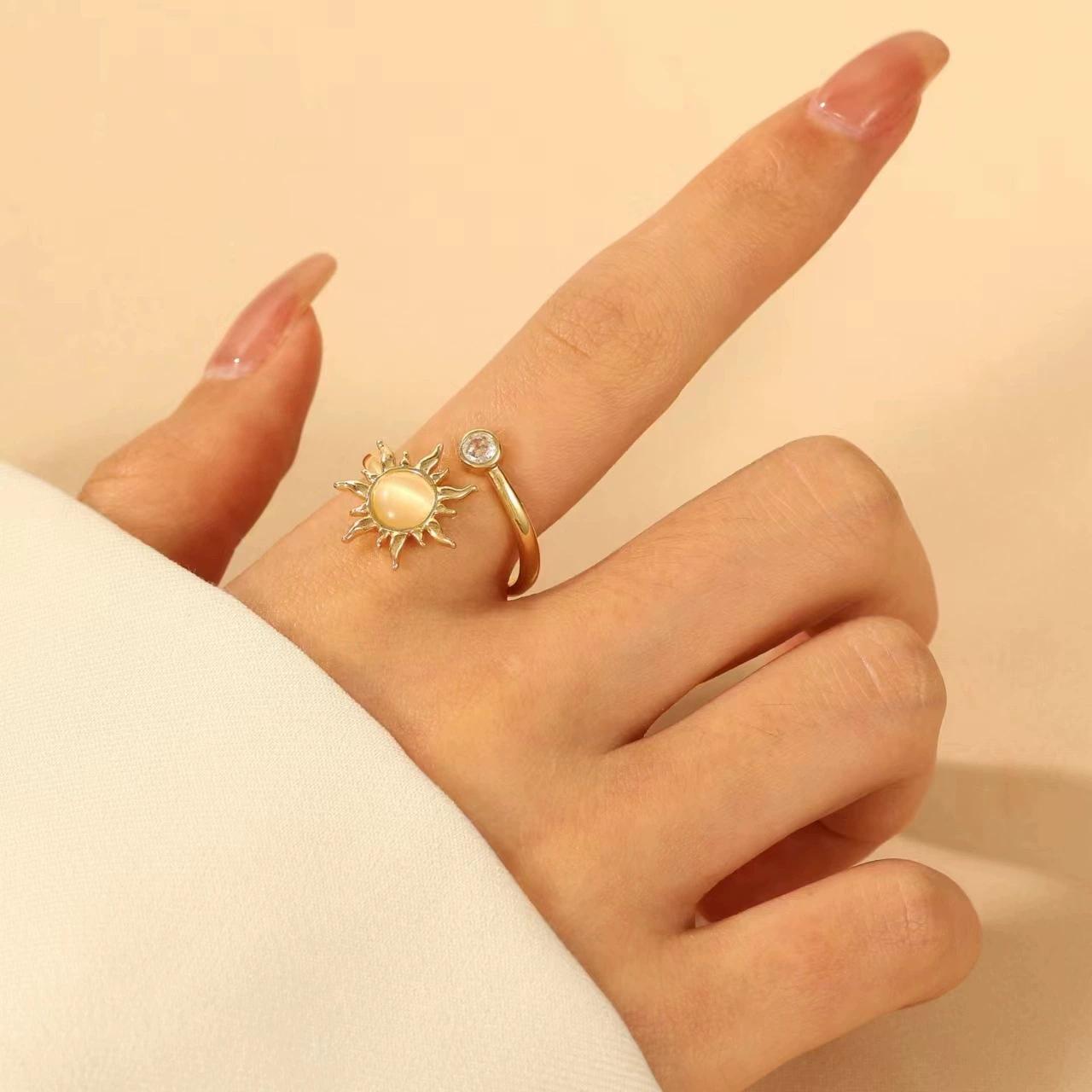 Cat s Eye Stone Sunflower Ring Copper Zircon Light Luxury Trendy Vintage Ring Women s Party Adjustable Jewelry Gift