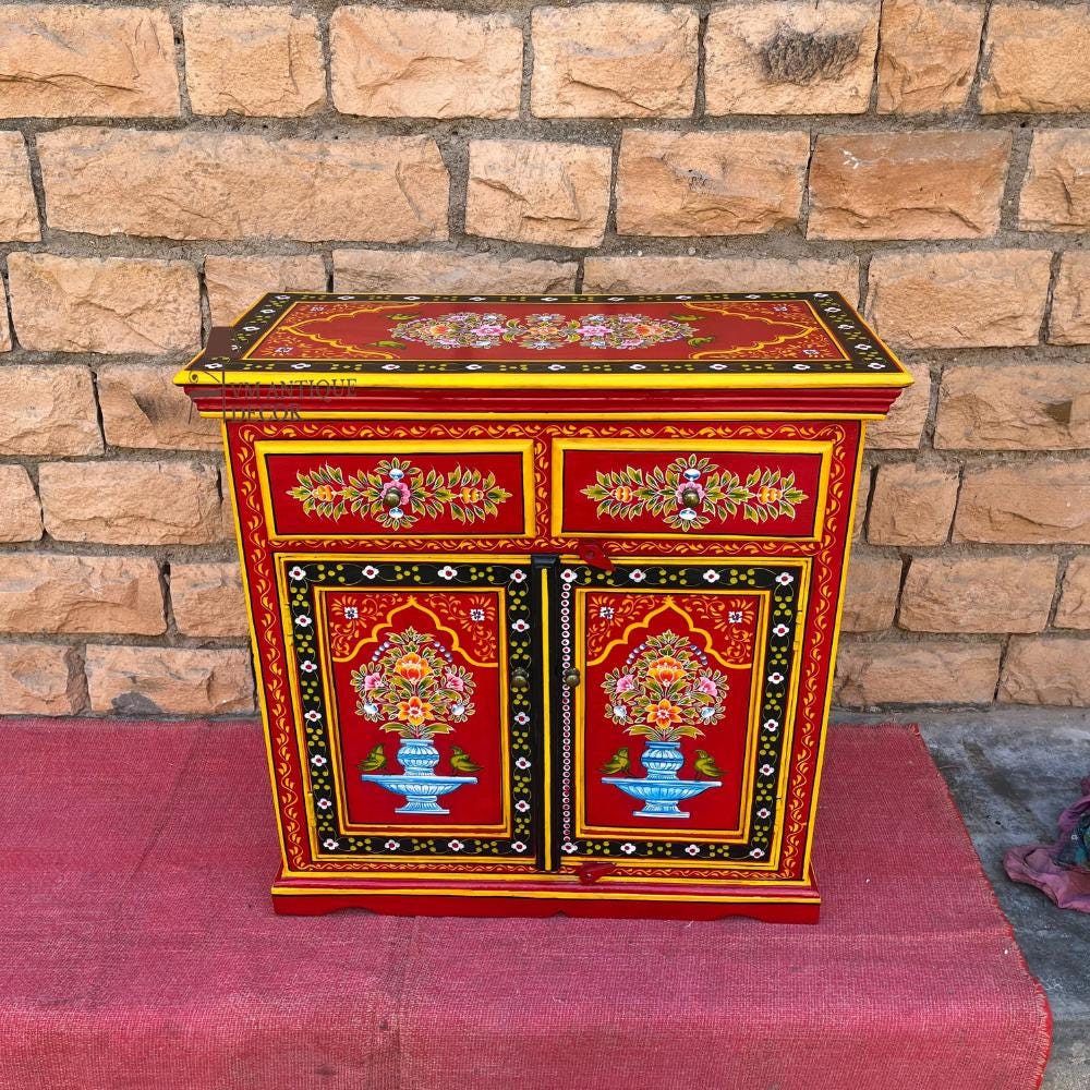 Wooden Painted Cabinet | Traditional Indian Storage Desk SideBoard| Bedside Floral Design | Home Decor Cupboard | Painted Accent Furniture
