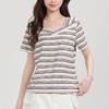 Retro striped V-neck short-sleeved T-shirt women's summer 2026new contrasting colors irregular niche thin front shoulder t-shirt top