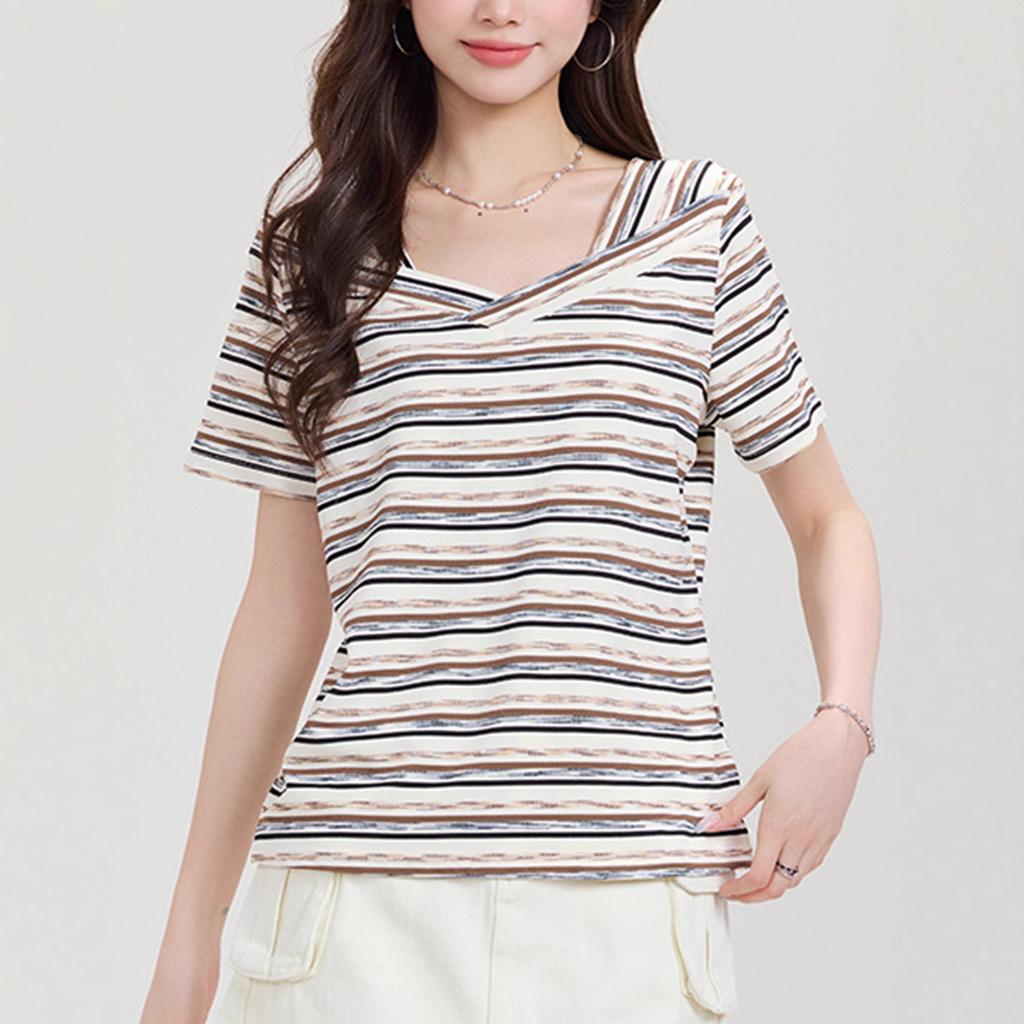 Retro striped V-neck short-sleeved T-shirt women's summer 2026new contrasting colors irregular niche thin front shoulder t-shirt top