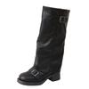 Inner Height Increase of 8cm~ Trouser Boots Women's 2025 Autumn New Thick-soled Belt Buckle Soft Leather Pleated Long Tube Knight Boots