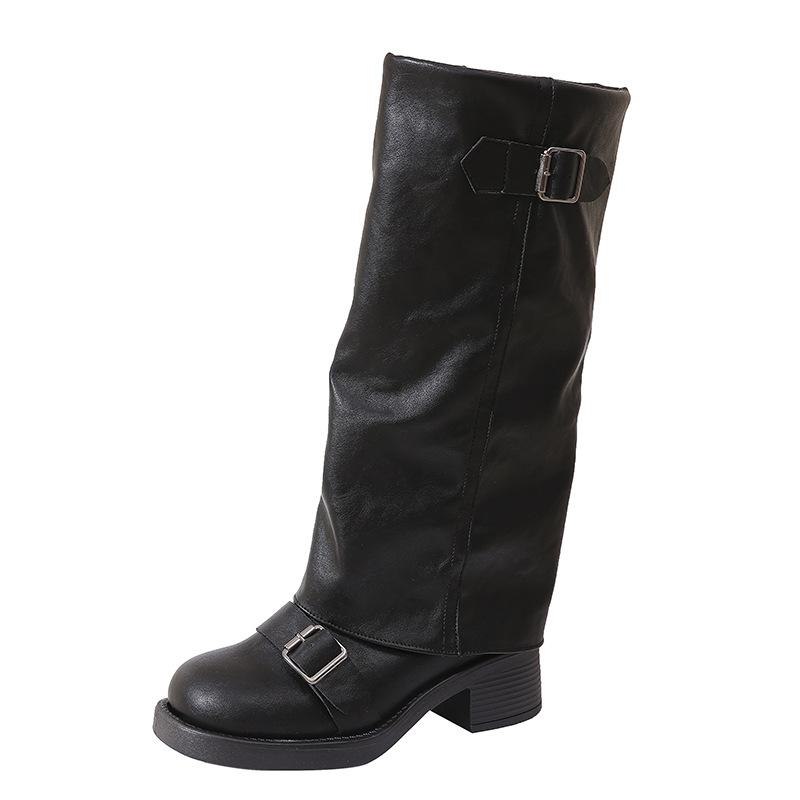 Inner Height Increase of 8cm~ Trouser Boots Women's 2025 Autumn New Thick-soled Belt Buckle Soft Leather Pleated Long Tube Knight Boots