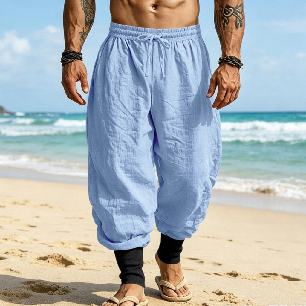 Men Linen Jogger Pants Loose Fit Drawstring Waist Breathable Tapered Leg Cuffed Hem Casual Beach Holiday Trousers