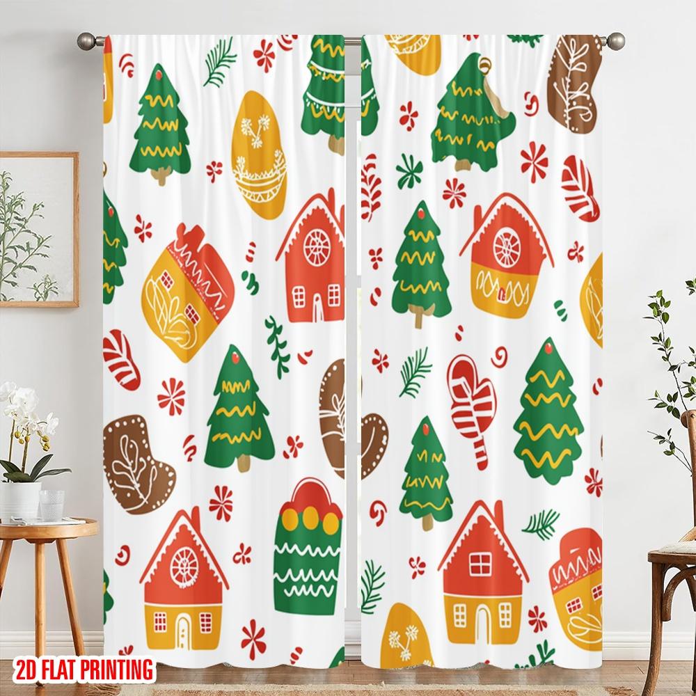 2pcs,2D plane printing Curtains&Window Treatment Christmas Tree Gingerbread Mitten (3) Polyester Easy Install (without rod)