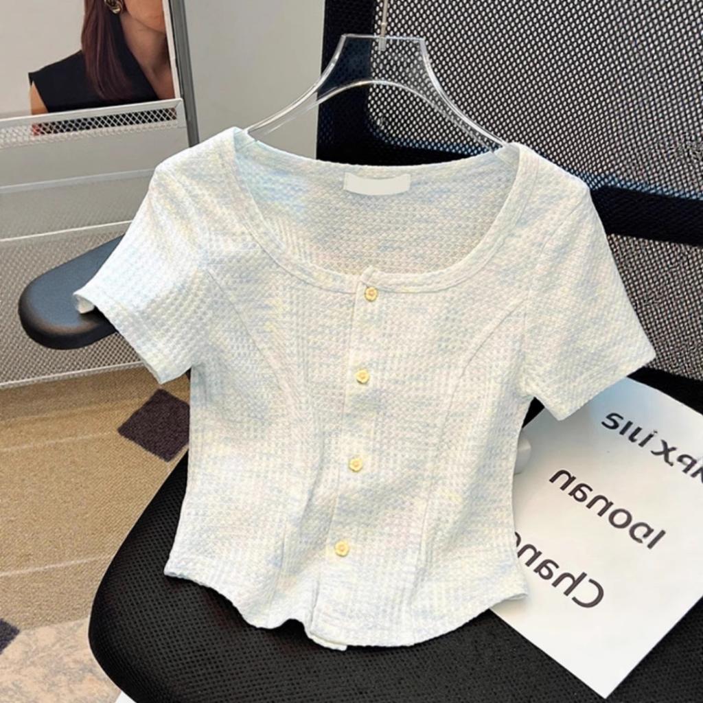 Sweet u-neck short-sleeved front-shoulder t-shirt women's 2026 summer new pure desire slim-fit Spice Girl short small cardigan top tide